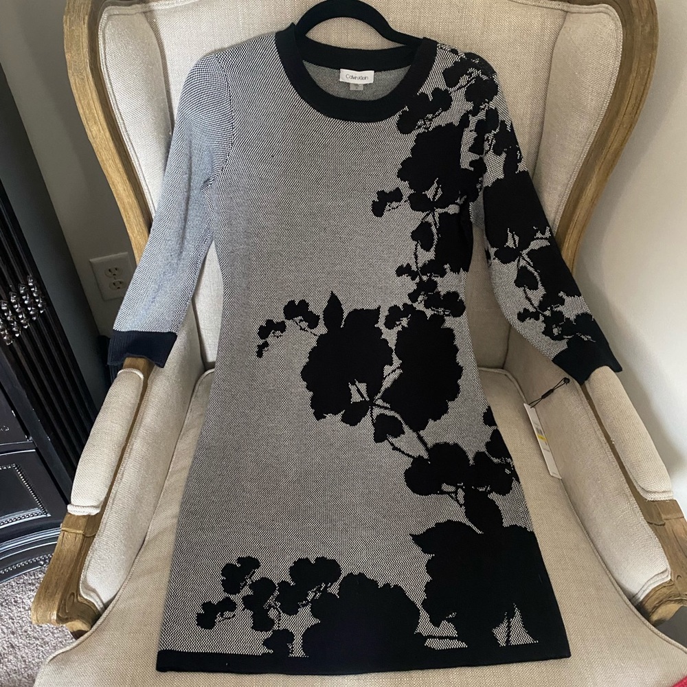 Calvin Klein Gray and Black Long Sleeve Dress